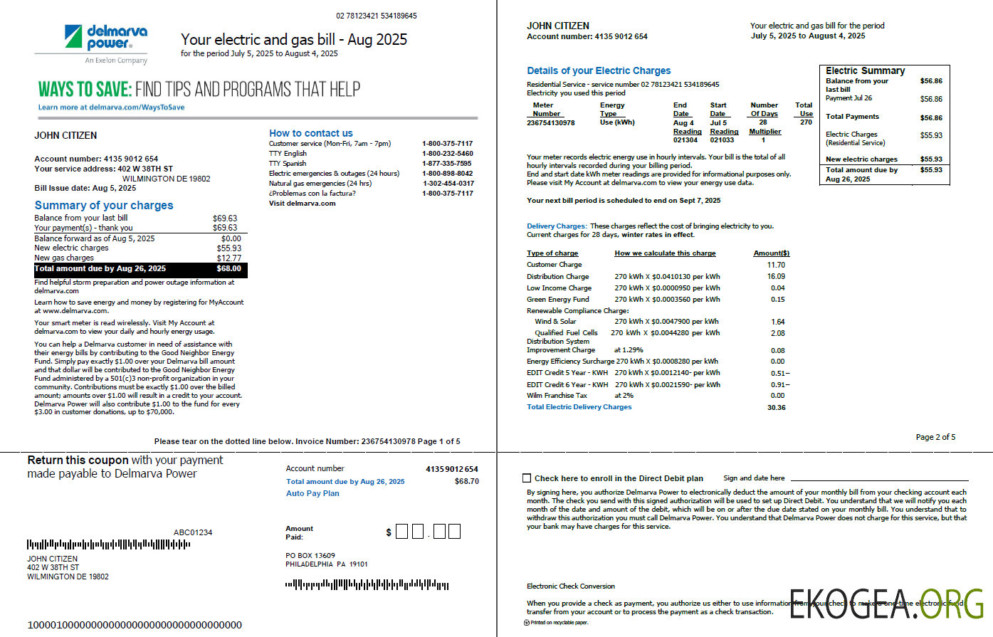 USA Delmarva Power utility bill template in Word and PDF formats, 5 pages, 1 2 pages